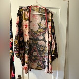 Floral Open-Front Kimono Cardigan - Black, Pink & Olive